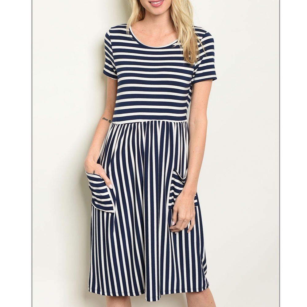 LES AMIS Navy Short Sleeve Round Neck Striped Dress